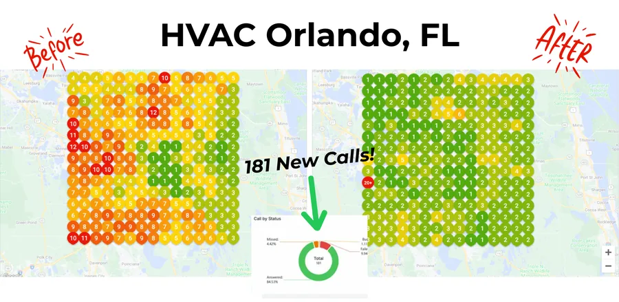 Before and after map ranking heatmap for an HVAC company in Orlando, FL