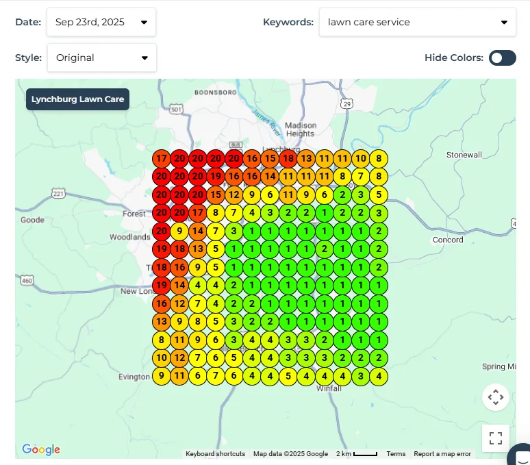 Map ranking grid for a landscaper in Lynchburg, VA, 12 days after sign-up