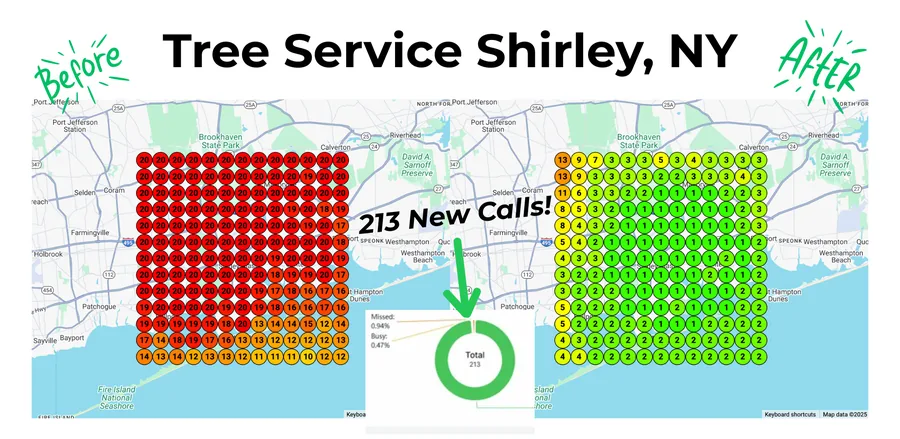 Before and after map ranking heatmap for a tree service in Shirley, NY with 213 new calls